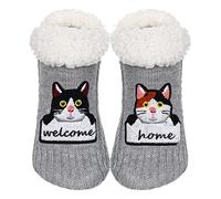 ZYZX Chausson Chaussette Femme Hiver Douces Thermiques Doublure Polaire Chaussons Semelle Antidérapante Pour Intérieur Chaussette Tricot,Amusants Chat Welcome Home