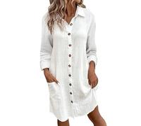 Zyzzephyr 2024 Fall Pastoral Style Button Down Cotton Linen Lapel Dress Long Sleeve Shirtdress with Pockets, Linen Shift Dresses (White,M)