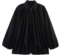 Zyzzephyr Casual Batwing Sleeve Lapel Collar Zip Front Pleated Shirts, Womens Bomber Jacket, Fall Streetwear Shirts Outerwear (Black,M)
