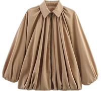 Zyzzephyr Casual Batwing Sleeve Lapel Collar Zip Front Pleated Shirts, Womens Bomber Jacket, Fall Streetwear Shirts Outerwear (Dark Brown,M)