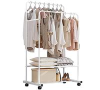 ZZBIQS portant à vêtements à roulettes, Métal Chromé Porte Vêtements Solide Penderie Métallique avec Double Barres Extensibles et Rangements Inférieurs, 80x51x160 cm, Blanc