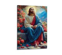 ZZBXSJ Affiches de famille modernes pour décoration murale - Jésus catholique assis parmi des roses en contemplation - Impressions sur toile avec cadre 40 x 60 cm