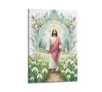 ZZBXSJ Affiches de famille modernes pour décoration murale - Jésus catholique marchant sur un chemin entouré de fleurs - Impression sur toile portrait - 30 x 45 cm - Style cadre