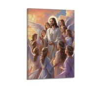 ZZBXSJ Affiches de famille modernes pour décoration murale - Jésus chrétien parmi les anges dans une scène céleste - Impression sur toile avec cadre 60 x 90 cm