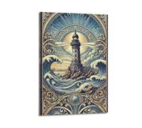 ZZBXSJ Impression sur toile abstraite minimaliste - Poster Art nouveau phare avec vagues dramatiques et lumière du soleil - Affiches d'œuvres d'art pour décoration de chambre à coucher (40 x 60 cm)