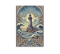 ZZBXSJ Impression sur toile abstraite minimaliste - Poster Art nouveau phare avec vagues dramatiques et lumière du soleil - Affiches d'œuvres d'art pour décoration de chambre (50 x 75 cm)