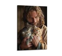 ZZBXSJ Impression sur toile abstraite minimaliste - Poster moderne de Jésus avec chatons pour décoration de chambre d'attrait spirituel 60 x 90 cm