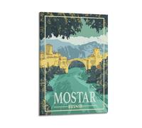 ZZBXSJ Poster moderne d'album photo de famille - Affiche de voyage minimaliste de Mostar en Bosnie avec pont pittoresque et montagnes - Impressions sur toile avec cadre 60 x 90 cm