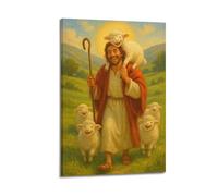 ZZBXSJ Poster moderne de famille - Impression sur toile portrait de Jésus catholique en tant que bon berger avec des moutons, 30 x 45 cm, style cadre