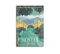 ZZBXSJ Poster moderne pour album photo de famille - Affiche de voyage minimaliste de Mostar en Bosnie avec pont pittoresque et montagnes sur toile sans cadre 50 x 75 cm
