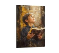 ZZBYMX Tableau décoratif sur toile représentant un jeune garçon en chemise bleue regardant vers le haut, tenant un livre relié dans les mains - Art mural moderne pour salon - 30 x 45 cm