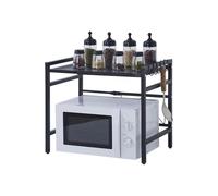 ZZINOKE Extensible Micro Onde à 2 Niveaux,Etagere Micro Onde avec 6 Crochets, avec Pieds en Caoutchouc Antidérapants,Étagère Cuisine Stable,40-60 x 35 x 45,5 cm,Noir