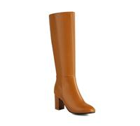 ZZQCCHL Bottes Longues à Fermeture éclair latérale pour Femmes Automne/Hiver Cuir Verni Talon Bloc Bottes mi-Mollet Extensibles Bottes à Talons Hauts,Jaune,39 EU