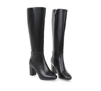 ZZQCCHL Bottes Longues à Fermeture Éclair Latérale pour Femmes Automne/Hiver en Cuir Verni - Talon Bloc Mi-Mollet Extensibles à Talons Hauts, Noir, 38 EU