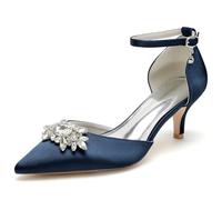 ZZQCCHL Chaussures de mariée en Satin pour Femmes avec Embellissement en Strass - 6cm Kitten Heel Ankle Strap Wedding Pumps,Marine,42 EU