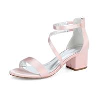 ZZQCCHL Femmes Chunky Block Satin Mariage Sandales Cheville Bride Bout Ouvert Chaussures de mariée Fête Été Escarpins habillés,Rose,38 EU