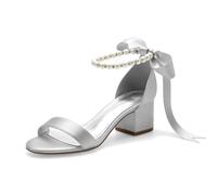 ZZQCCHL Femmes Ruban Perle Cravate Cheville Sandales De Mariée Satin Bloc Talon De Mariage Chaussures À Bout Mariée Robe Chaussures,Argent,40 EU