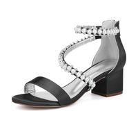 ZZQCCHL Femmes Sangle Cheville Bout Ouvert Chaussures De Mariage 5.5cm Talon Bloc Mariée Soirée Bal Chaussures avec Strass,Noir,38 EU