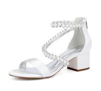 ZZQCCHL Femmes Sangle Cheville Bout Ouvert Chaussures De Mariage 5.5cm Talon Bloc Mariée Soirée Bal Chaussures avec Strass,Ivoire,39 EU