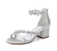 ZZQCCHL Femmes Satin Mariage Chaussures Bout Ouvert Cheville Bride Chunky Talons Pompe Sandales avec Strass Soirée Bal Escarpins,Argent,39 EU