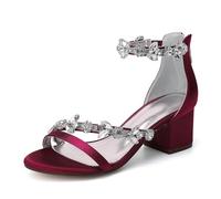 ZZQCCHL Femmes Satin Mariage Chaussures Bout Ouvert Cheville Bride Chunky Talons Pompe Sandales avec Strass Soirée Bal Escarpins,Burgundy,42 EU