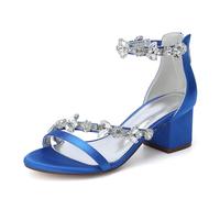 ZZQCCHL Femmes Satin Mariage Chaussures Bout Ouvert Cheville Bride Chunky Talons Pompe Sandales avec Strass Soirée Bal Escarpins,Bleu,43 EU