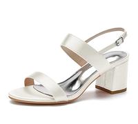 ZZQCCHL Femmes Satin Mid Chunky Block Heel Sandales Cheville Strap Chaussures de Mariage pour Robe de mariée Soirée Party Open Toe Pumps,Ivoire,41 EU