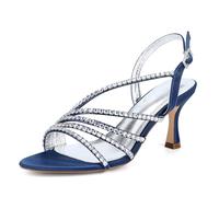 ZZQCCHL Sandales à Talons Aiguilles en Satin pour Femmes, Chaussures de Soirée à Doigts Ouverts avec Décoration en Strass pour Fête Soirée Bal,Marine,38 EU