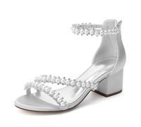 ZZQCCHL Sandales de Mariage en Satin pour Femmes avec Broderie de Perles, Bretelle de Cheville en Perles & Éclair - Élégantes Chaussures de,Argent,42 EU