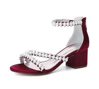 ZZQCCHL Sandales de Mariage en Satin pour Femmes avec Broderie de Perles, Bretelle de Cheville en Perles & Éclair - Élégantes Chaussures de,Burgundy,38 EU