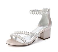 ZZQCCHL Sandales de Mariage en Satin pour Femmes avec Broderie de Perles, Bretelle de Cheville en Perles & Éclair - Élégantes Chaussures de,Champagne,41 EU