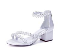 ZZQCCHL Sandales de Mariage en Satin pour Femmes avec Broderie de Perles, Bretelle de Cheville en Perles & Éclair - Élégantes Chaussures de,Blanc,39 EU