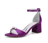 ZZQCCHL Sandales de Mariage pour Femmes à Talon Bloc en Satin avec décoration en Perles, Chaussures de mariée à Bride de Cheville, pour soirée,Violet,43 EU
