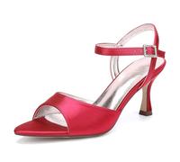 ZZQCCHL Sandales de mariée à Talon Aiguille en Satin pour Femmes, Sangle de Cheville Chaussures habillées à Bout pour Le Bal de soirée de fête de Mariage,Rouge,39 EU