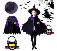 ZZQVIP Déguisement Sorcière Fille 3 Pièces - Costume Halloween Enfant avec Cape et Violette, Chapeau de Sorcière & Sac à Bonbons Chauve-Souris, pour Halloween, Carnaval et Fêtes à Thème (90-140 cm)