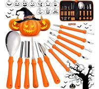 ZZQVIP Kit Sculpture Citrouille Halloween 12 Pcs, Outils Citrouille Halloween Professionnels en Acier Inox avec Pochoirs Grimace, Sac de Rangement, Couteaux et Cuillère pour Sculpture DIY Citrouille
