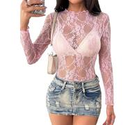 ZZSHLMY Chemisier transparent à manches longues en maille pour femme avec col montant et dentelle florale transparente, rose, Taille L