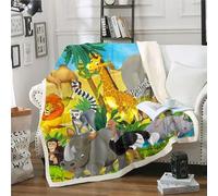 ZZTBQ Animaux de la Jungle Couverture en Polaire pour Enfants, Motif Animal Safari Sherpa Couverture Plaid Polaire 1 Personne 100 x 150 cm Lion Girafe Singe rhinocéros Autruche Couverture Polaire