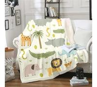 ZZTBQ Dessin Animé Animal Couverture en Polaire pour Adolescent Animaux de la Jungle Sherpa Couverture Plaid Polaire 1 Personne 130x150cm Lion Girafe éléphant Hippopotame Serpent Crocodile Couverture