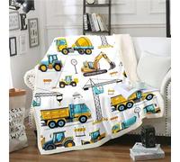 ZZTBQ Dessin animé Construction Couverture en Polaire pour Enfants, Véhicules Camion Voiture Sherpa Couverture Plaid Polaire 1 Personne 100 x 150 cm Excavatrice Tracteur Blanc Jaune Couverture