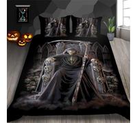 ZZTBQ Gothique Tête de Mort Housse de Couette 1 Personne Lit Enfant 90x190 cm Noir Gris Crâne Enfant Parure de lit 1 Personne 90 x 190 cm Tete de Mort Faucheuse trône 2 Piece Ensembles Microfibre