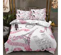 ZZTBQ Paris Rose Chic Housse de Couette pour Chambre Adolescent 2 Personnes 200x200/65x65 (3 Piece) Lit Adolescent thème Romantique Tour Eiffel Parure de Lit Adolescent Double