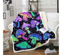 ZZTBQ Trippy Champignons Couverture en Polaire pour Adolescent, Champignon Mignon Sherpa Couverture Plaid Polaire 1 Personne 130 x 150 cm Bleu Violet Vert Noir Étoile Couverture Polaire Double Face