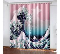 ZZTBQ Vagues de Style Japonais 2 Pièces Rideaux Occultants Enfant Japonais Vagues De Kanagawa Rideau Occultant Opaque à Oeillets 100x140cm pour Chambre d'enfant et Salon