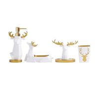 ZZTWER Ensemble de Salle de Bain 5 pièces en résine Blanche avec tête de cerf dorée, Distributeur de Savon, Porte-Brosse à Dents et gobelet Ensemble Salle de Bain