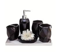 ZZTWER Ensemble de Salle de Bain en céramique 5 pièces avec Distributeur de Savon, Porte-Brosse à Dents, 2 gobelets et Porte-Savon for Meuble-lavabo Ensemble Salle de Bain(Svart,5-Piece)