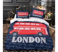 ZZVRMCYLD Bus londonien 3D Imprimé Housse de Couette 3 pièces Microfibre Anti-Tache Illustration de Voyage Vintage Drap de Couette 2 taies hypoallergénique Filles Enfants Double（200x200cm）