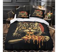 ZZVRMCYLD Chat Mangeant Une Pizza 3D Imprimé Drap de Couette Microfibre hypoallergénique Dessin animé Vintage Housse de Couette 2 taies Entretien Facile Adolescents Jeunes Adultes Single (135x200cm)