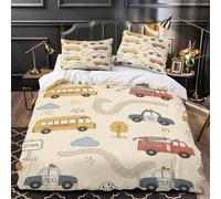 ZZVRMCYLD Enfants du Bus Scolaire 3D Imprimé Drap de Couette Microfibre inaltérable Modèle de véhicule de Dessin animé Housse de Couette 2 taies résistante garçons Enfants Single（140x200cm）