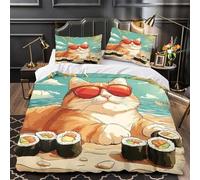 ZZVRMCYLD Plage de Chats Sushi 3D Imprimé Drap de Couette Microfibre résistante Ambiance Estivale Cartoon Housse de Couette 2 taies Lavable Machine déco Chambre Enfant Double（200x200cm）